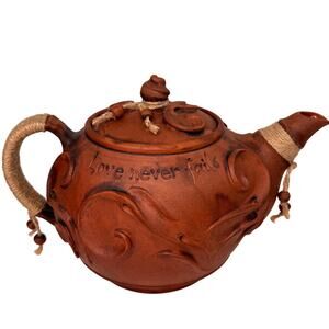 Doladu LOVE NEVER FAILS Brown Teapot Ceramic Rustic Pottery Handcrafted with Lid